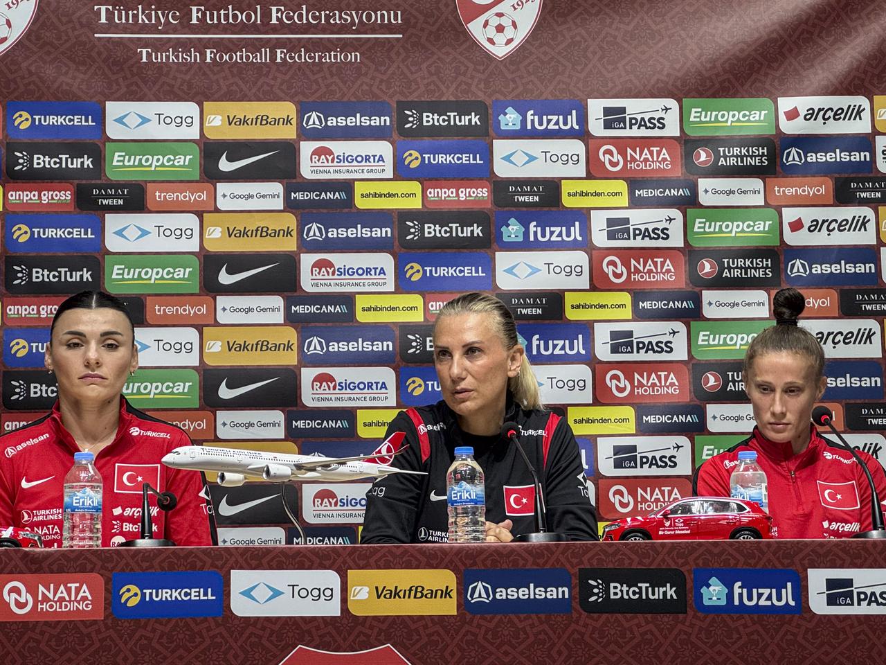 Türkiye women’s national football team representatives speak at a press conference ahead of the Slovenia match in Istanbul, Türkiye, Oct. 8, 2026. (AA Photo)