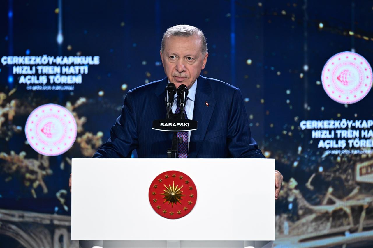 Turkish President Recep Tayyip Erdogan makes a speech as he attends the Cerkezkoy-Kapikule High-Speed Railway Line Opening Ceremony in Kirklareli, Türkiye on October 9, 2026. (AA Photo)