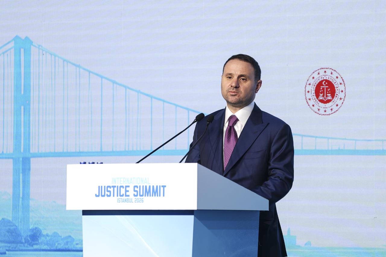 Türkiye’s Justice Minister Akin Gurlek speaks during the opening ceremony of the International Justice Summit at Ciragan Palace in Istanbul on Oct. 8, 2026. (AA Photo)
