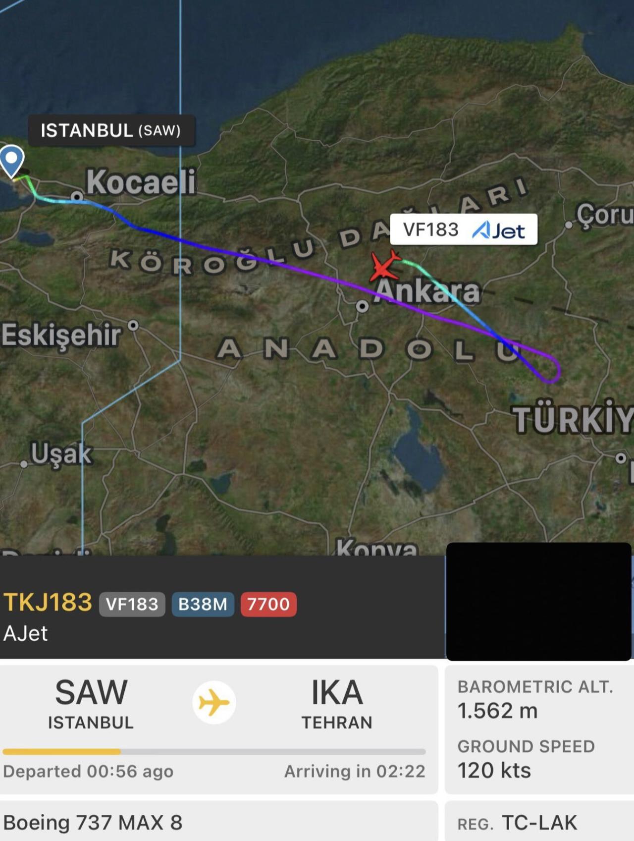 This photo show AJet flight to Tehran diverting to Turkish capital Ankara, accessed on Feb. 01, 2026. (Photo via X)
