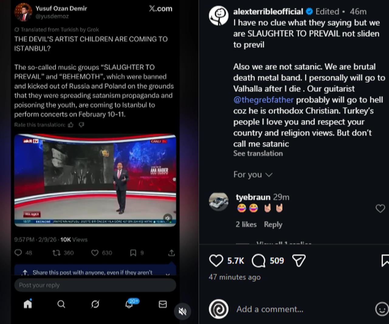 Slaughter to Prevail vocalist Alex Terrible responds after the band’s Istanbul concert was cancelled amid controversy and public pressure. (Photo via Instagram)