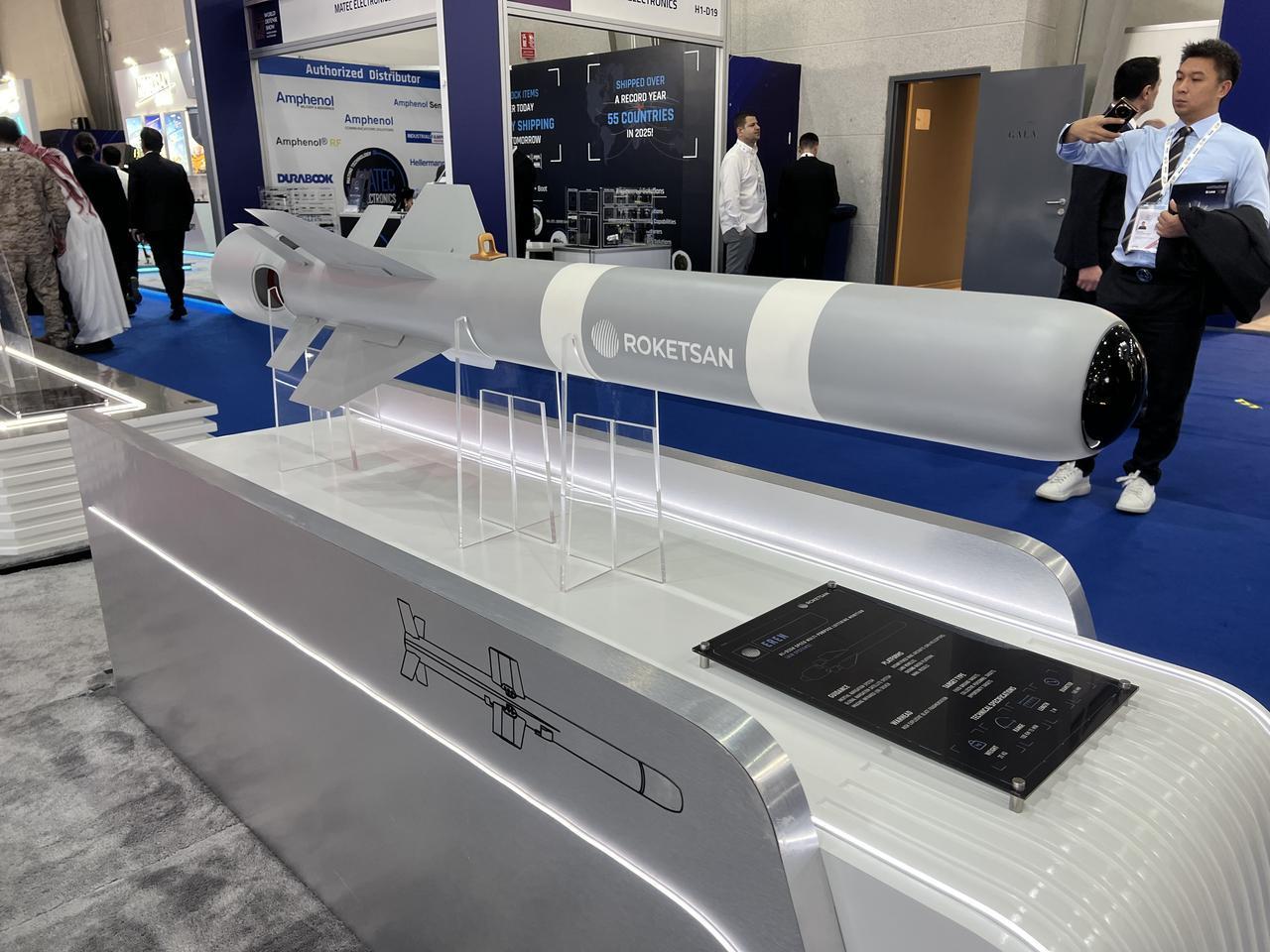 Turkish defense firm Roketsan's loitering munition EREN is on display at the World Defense Show 2026 in Riyadh, Saudi Arabia, Feb. 9, 2026. (AA Photo)