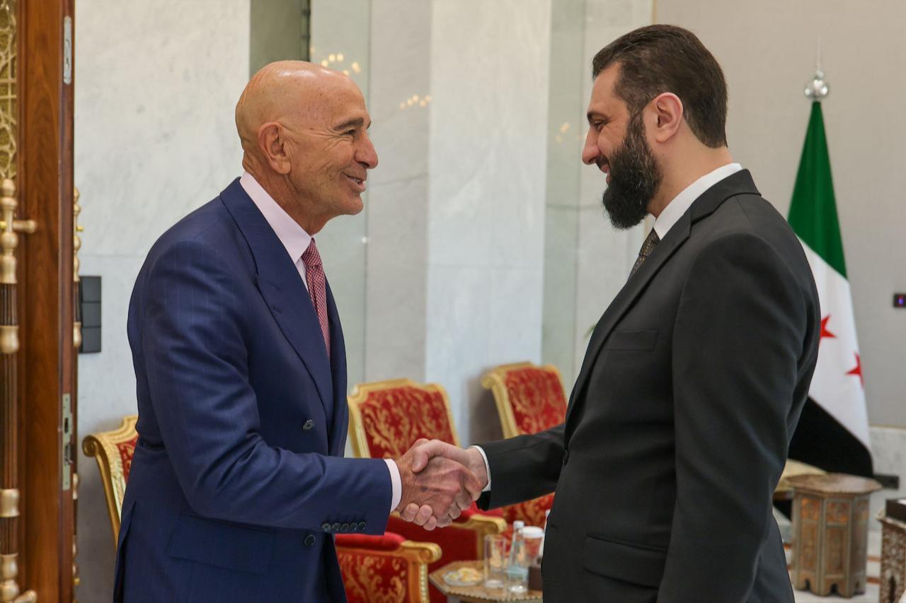 Syrian President Ahmed al-Sharaa (R) receives US Ambassador to Ankara and Special Representative for Syria Tom Barrack (3rd L) at the People's Palace in Damascus, Syria, February 4, 2026. (AA Photo)