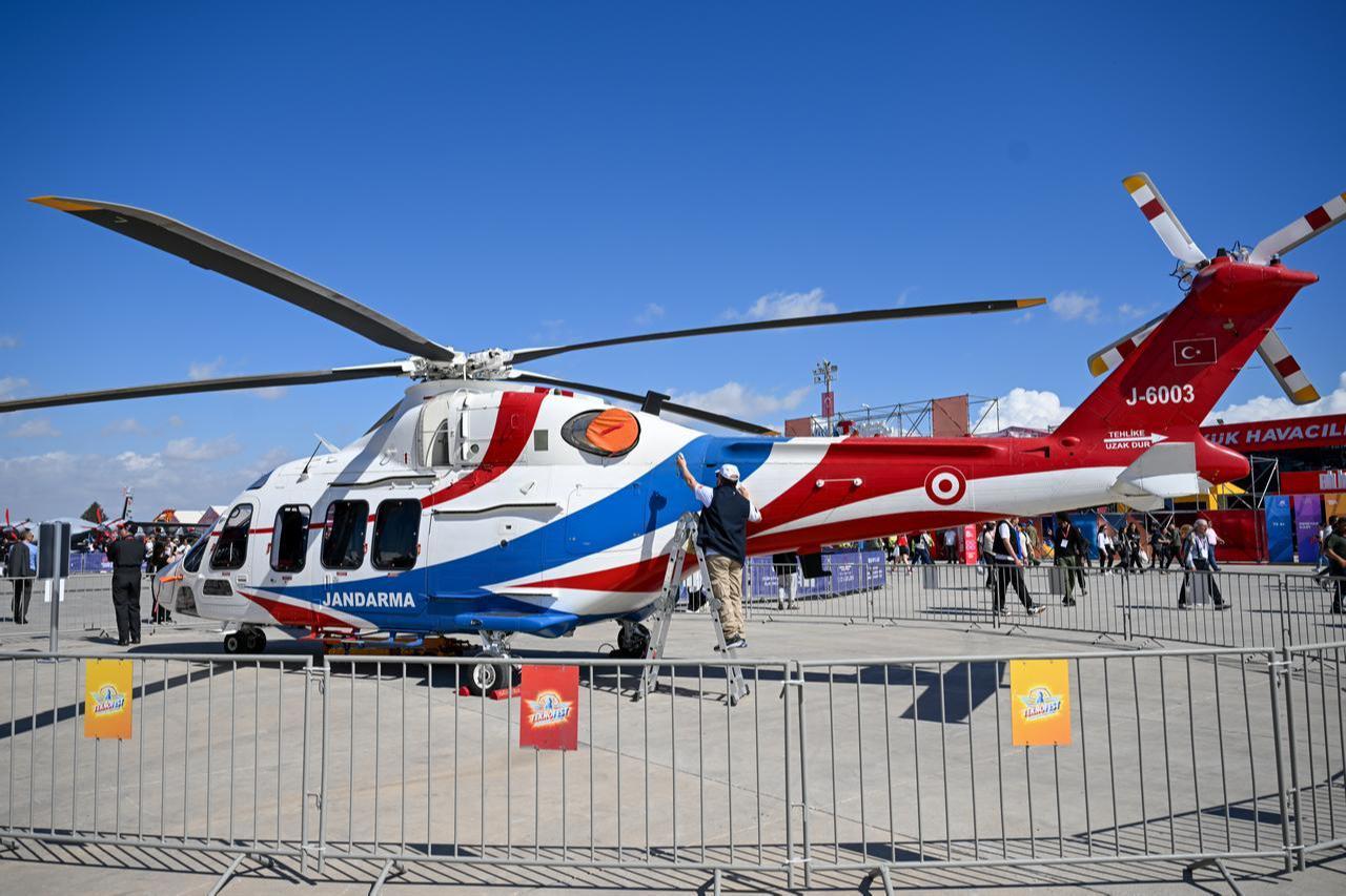 T625 Gokbey on display is cleaned by those in charge before the opening ceremony of Teknofest at Ercan Airport in Lefkosia, Turkish Cyprus, May 01, 2025. (AA Photo)