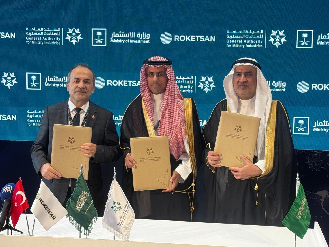 Roketsan and Saudi defense and investment officials hold signed cooperation documents during a memorandum of understanding ceremony at the World Defense Show 2026 in Riyadh, Saudi Arabia, Feb. 10, 2026. (AA Photo)