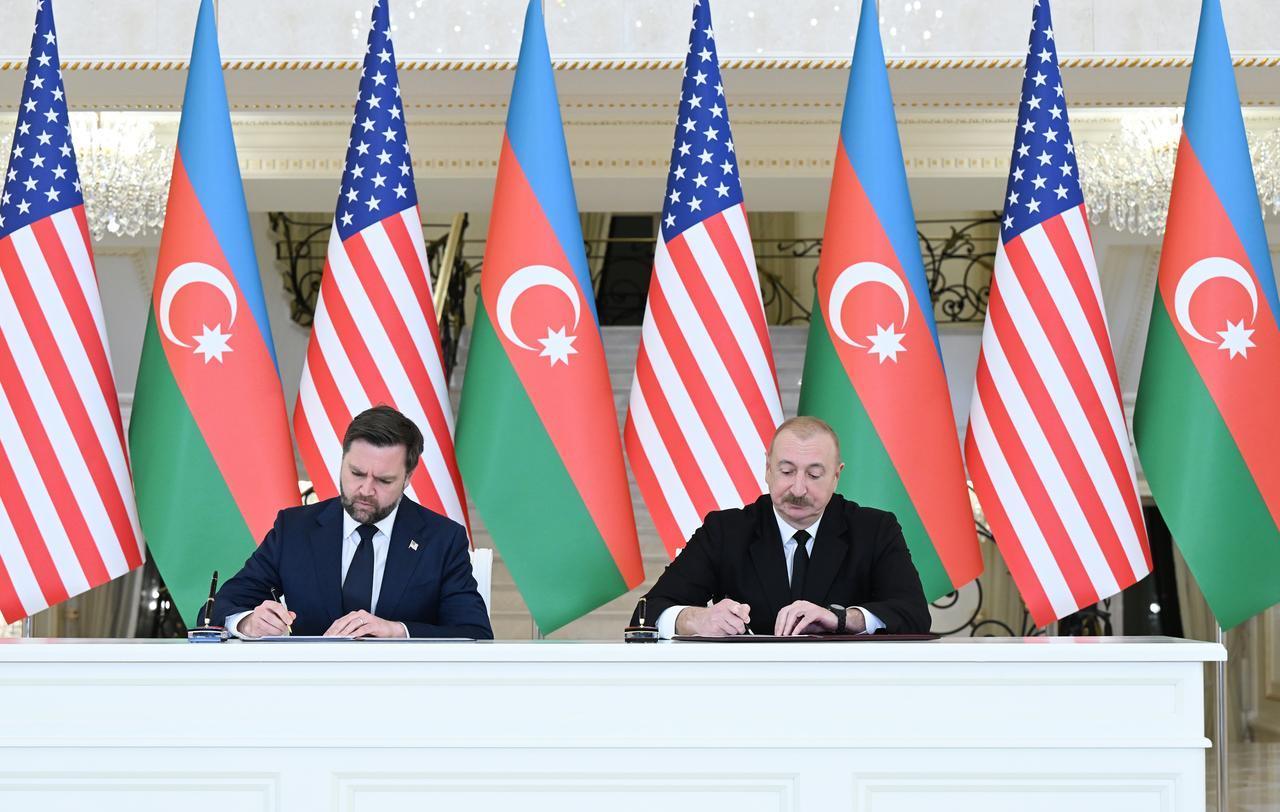US Vice President JD Vance and Azerbaijani President Ilham Aliyev sign a strategic partnership agreement in Baku, Azerbaijan, Feb. 10, 2025. (AA Photo)