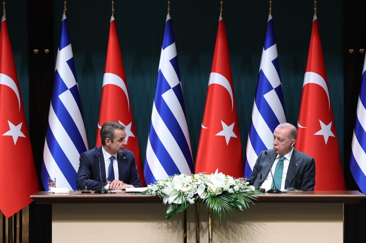 President Recep Tayyip Erdogan and Prime Minister of Greece, Kyriakos Mitsotakis attend signing ceremony after the sixth Meeting of Turkiye-Greece High-Level Cooperation Council at Presidential Complex in Ankara, Türkiye on Feb. 11, 2026.  ( Tur Presidency / Mustafa Kamaci - Anadolu Agency )