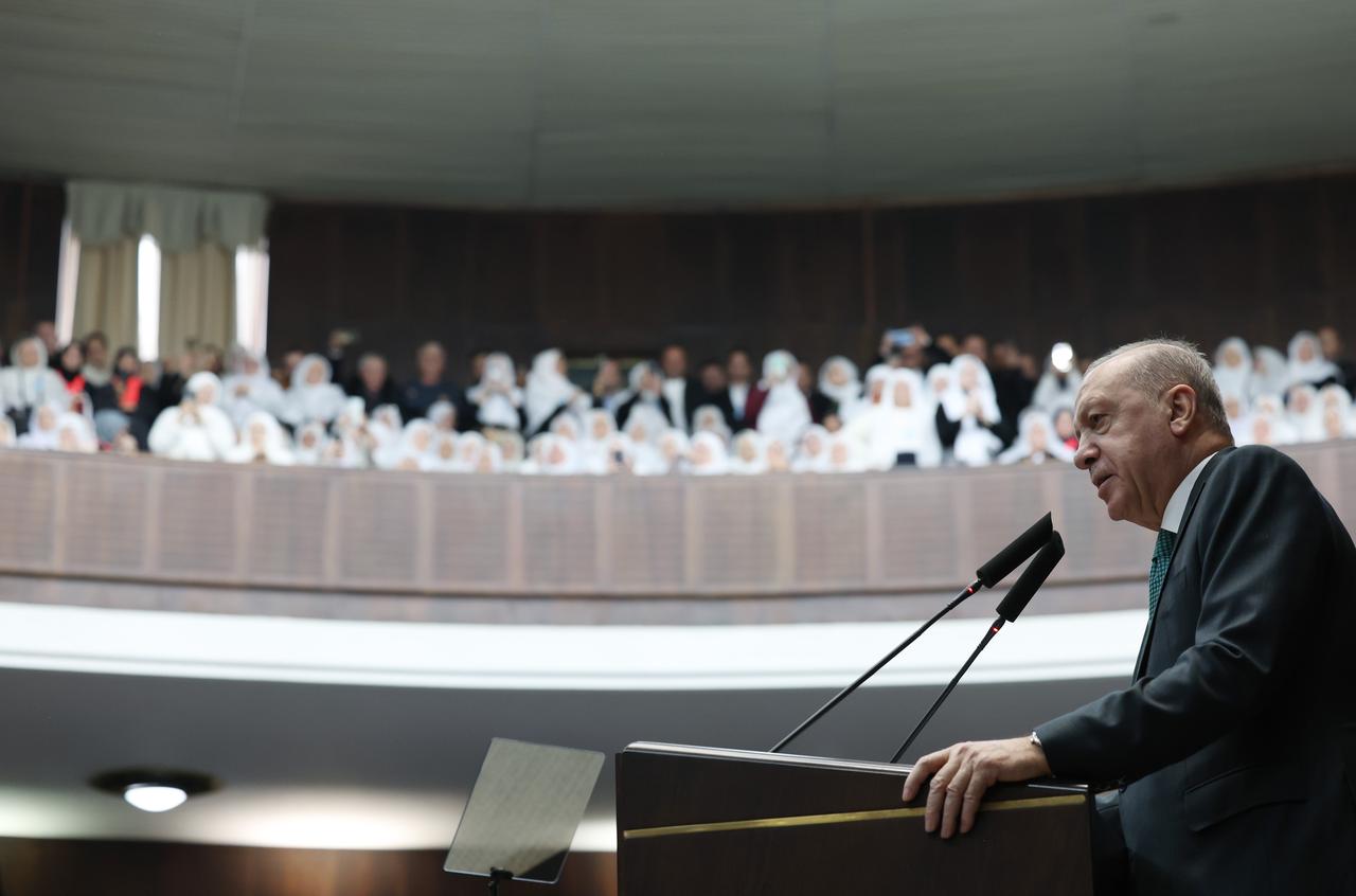 President and Leader of Justice and Development (AK) Party, Recep Tayyip Erdogan makes a speech during AK Party Group Meeting in Ankara, Feb. 11, 2026. (Photo via Turkish Presidency/Murat Kula )