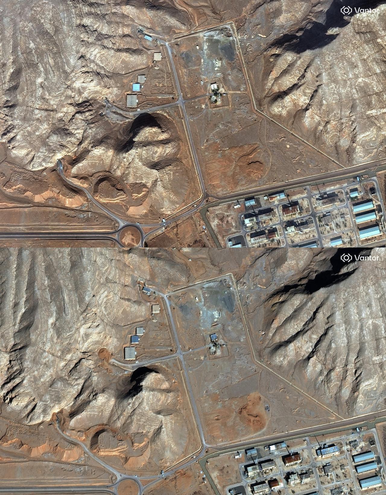 This combination of handout satellite images courtesy of Vantor, created on Feb. 10, 2026, shows Iran's Isfahan nuclear facility site on Nov. 11, 2024 (top) and the same site on Feb. 10, 2026. (Photo by Satellite image ©2026 Vantor/AFP)