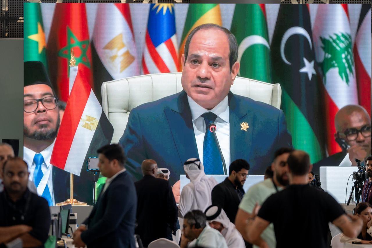 Egyptian President Abdel Fattah el-Sisi makes a speech during the Organisation of Islamic Cooperation - Arab League Extraordinary Summit,  Doha, Qatar, September 15, 2025. (AA Photo)