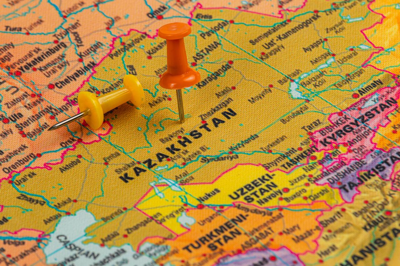 A detailed map shows Kazakhstan with vibrant push pins marking specific locations, accessed on Feb. 12, 2026. (Adobe Stock Photo)