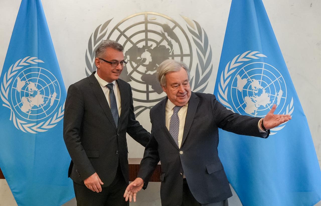 The President of the Turkish Republic of Northern Cyprus (TRNC), Tufan Erhurman (L), meets with U.N. Secretary-General Antonio Guterres in New York City, United States on Feb. 11, 2026. (AA Photo)