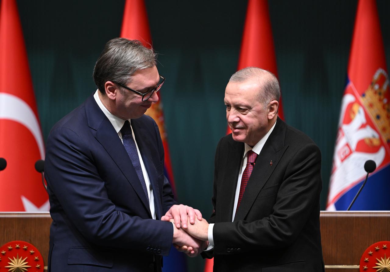 Turkish President Recep Tayyip Erdogan and with Serbian President Aleksandar Vucic hold a joint press conference after their meeting in Ankara, Türkiye on February 12, 2026. (AA Photo)