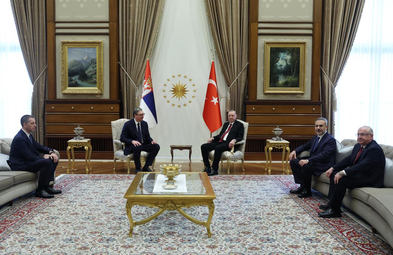 Turkish President Recep Tayyip Erdogan meets with Serbian President Aleksandar Vucic at the Presidential Complex, Turkish Foreign Minister Hakan Fidan, National Defense Minister Yasar Guler, and Serbian Foreign Minister Marko Djuric also attended the meeting in Ankara, Türkiye on February 12, 2026.  (TUR Presidency/AA Photo)