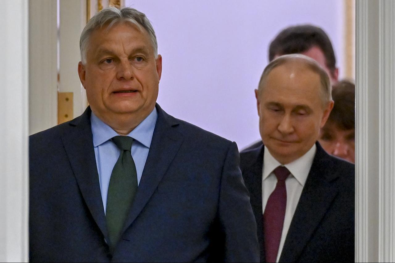 Russian President Vladimir Putin (R) and Hungarian Prime Minister Viktor Orban (L) hold a joint press conference following their meeting at the Kremlin in Moscow, Russia on July 05, 2024. (AA Photo)