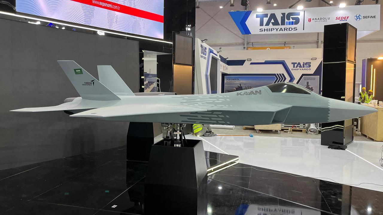 Turkish Aerospace Industries (TAI) displays the National Combat Aircraft KAAN with the Saudi flag at the World Defense Show in Saudi Arabia, Feb. 8, 2026. (Photo via X/@Rotorfocus)