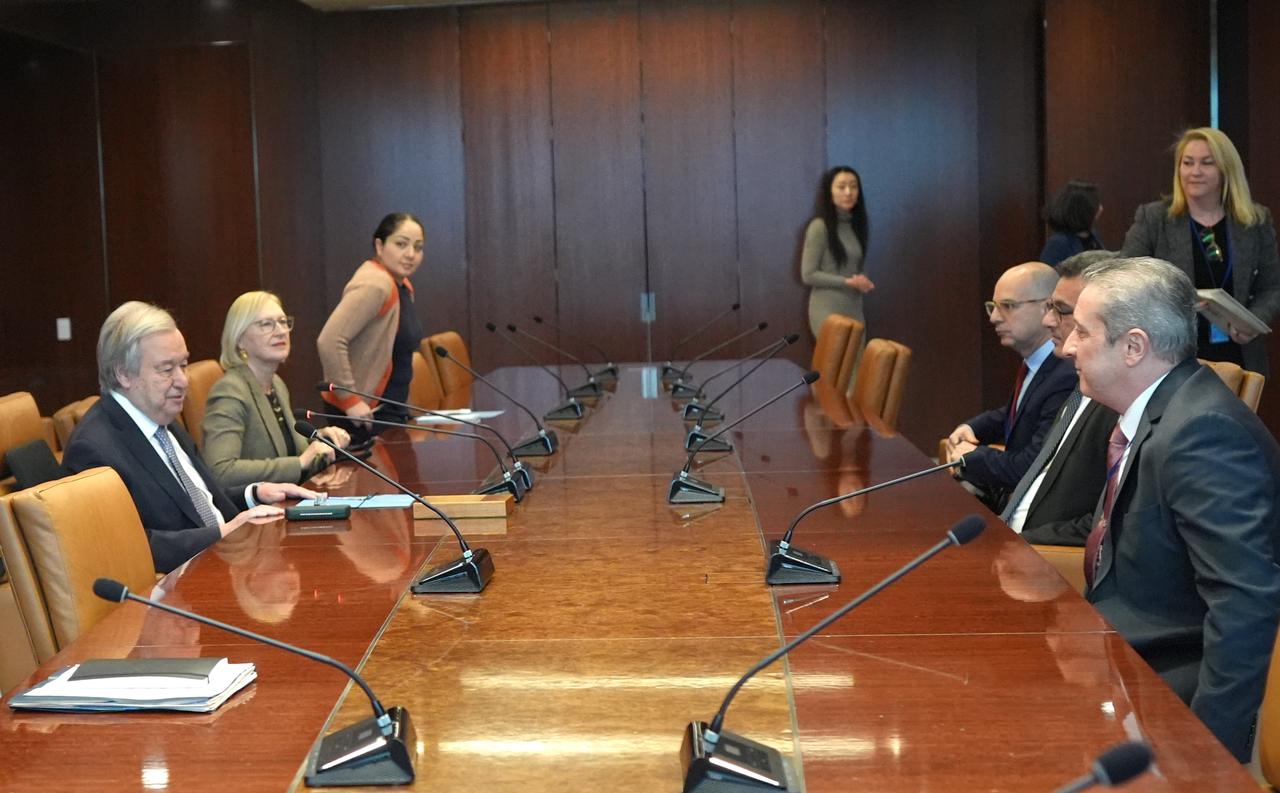 The President of the Turkish Republic of Northern Cyprus (TRNC), Tufan Erhurman, meets with U.N. Secretary-General Antonio Guterres in New York City, United States, on February 11, 2026. (AA Photo)