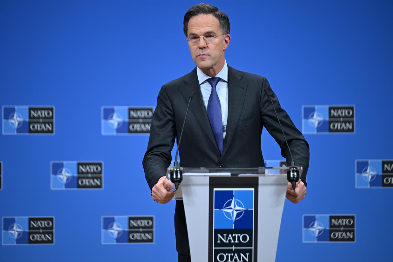 Secretary General of NATO Mark Rutte makes a speech during the press conference after the NATO Defense Ministers Meeting at NATO headquarters in Brussels, Belgium, Feb. 12, 2026. (AA Photo)