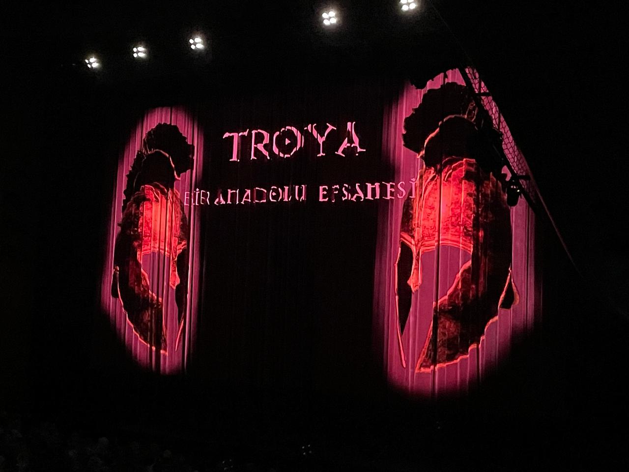 The stage displays the title of Fire of Anatolia’s long-running “Troy” production during its performance at Ataturk Cultural Center in Istanbul, Türkiye, Feb. 10, 2026. (Photo by Koray Erdogan/Türkiye Today)