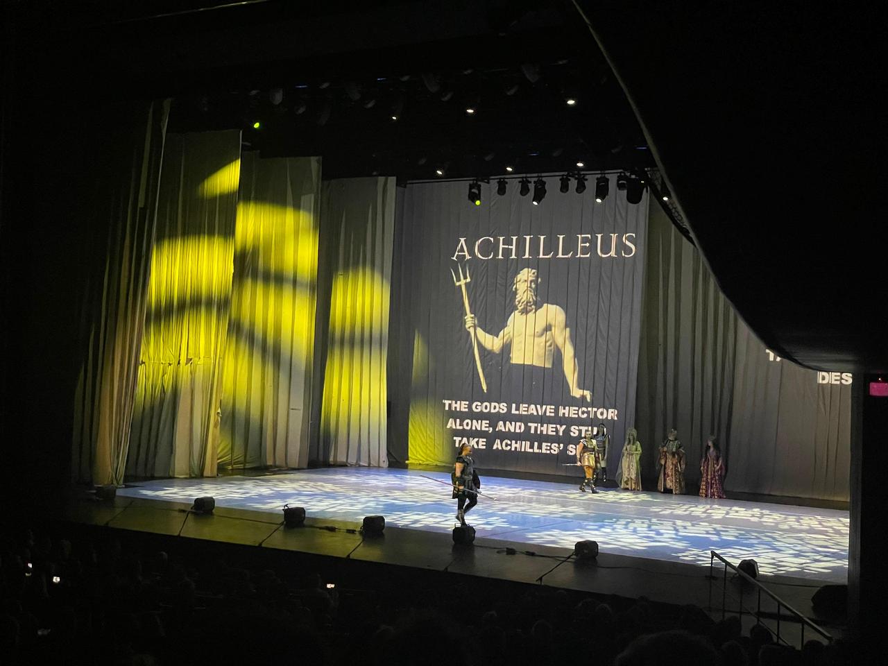 A performer portrays Achilles as projected imagery introduces the legendary Greek warrior during Fire of Anatolia’s “Troy” production at Ataturk Cultural Center in Istanbul, Türkiye, Feb. 10, 2026. (Photo by Koray Erdogan/Türkiye Today)