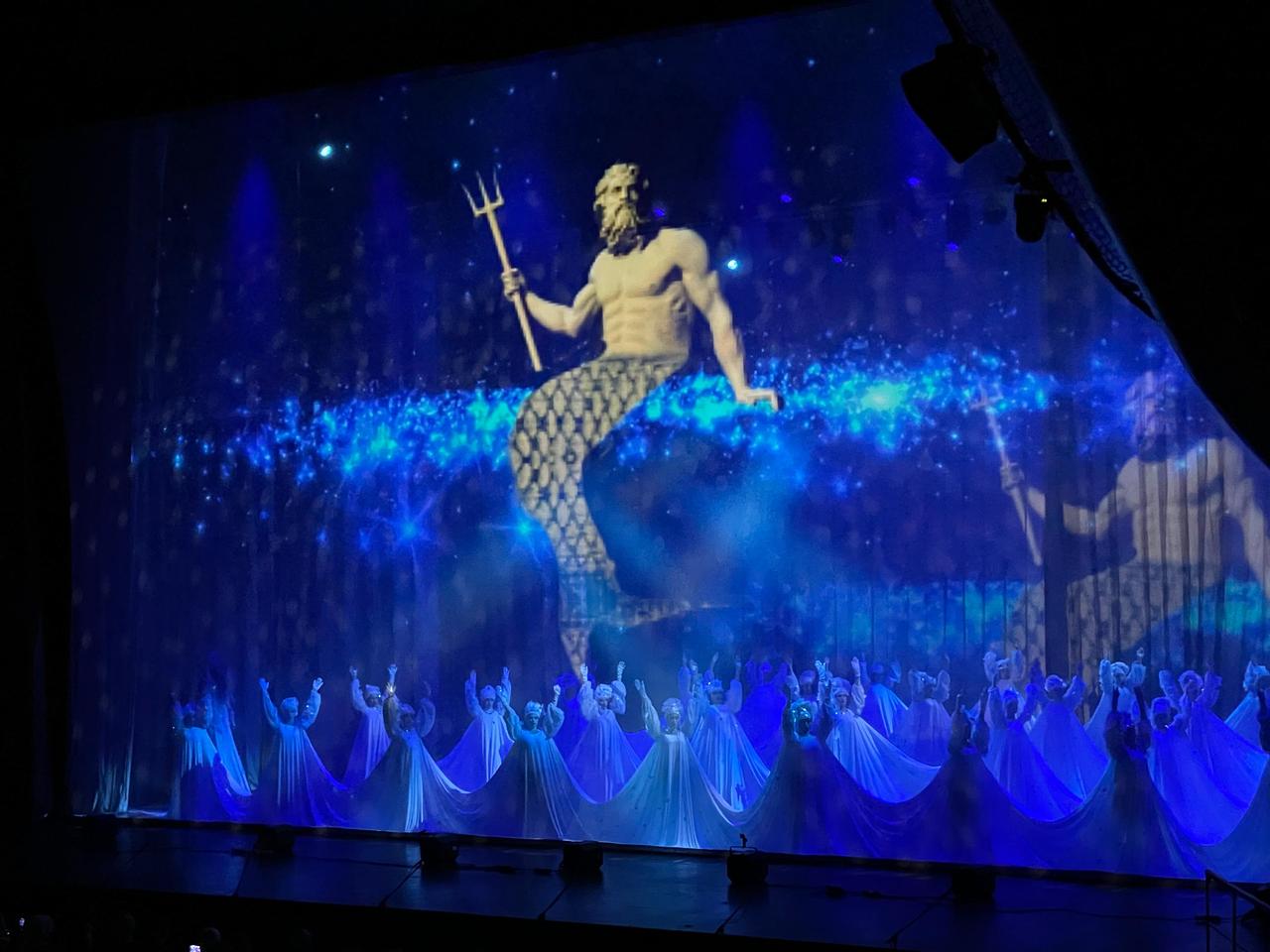 Projected mythological imagery accompanies dancers portraying divine themes connected to the Trojan narrative during Fire of Anatolia’s “Troy” production at Ataturk Cultural Center in Istanbul, Türkiye, Feb. 10, 2026. (Photo by Koray Erdogan/Türkiye Today)