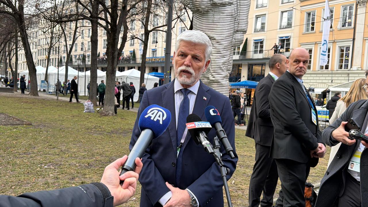 Petr Pavel speaks to the press on Friday in front of the Bayerischer Hof Hotel, where the 62nd Munich Security Conference is being held in Munich, Germany on February 13, 2026. (AA Photo)