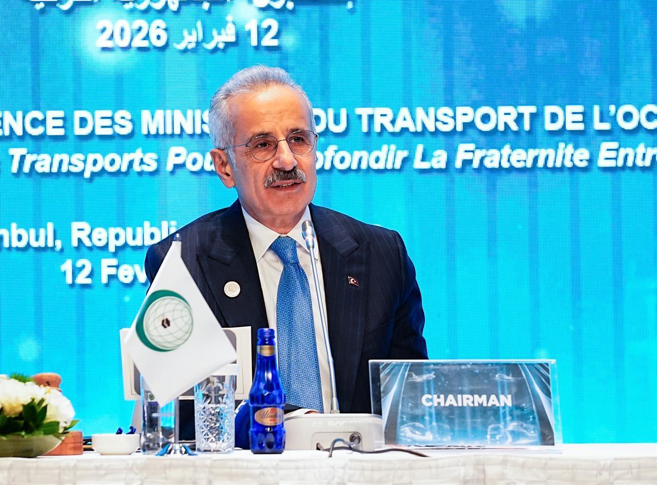 Transport and Infrastructure Minister Abdulkadir Uraloglu delivers his closing remarks as chairman of the second Conference of Transport Ministers of the Organisation of Islamic Cooperation (OIC) in Istanbul, Türkiye on Feb. 14, 2026. (AA Photo)