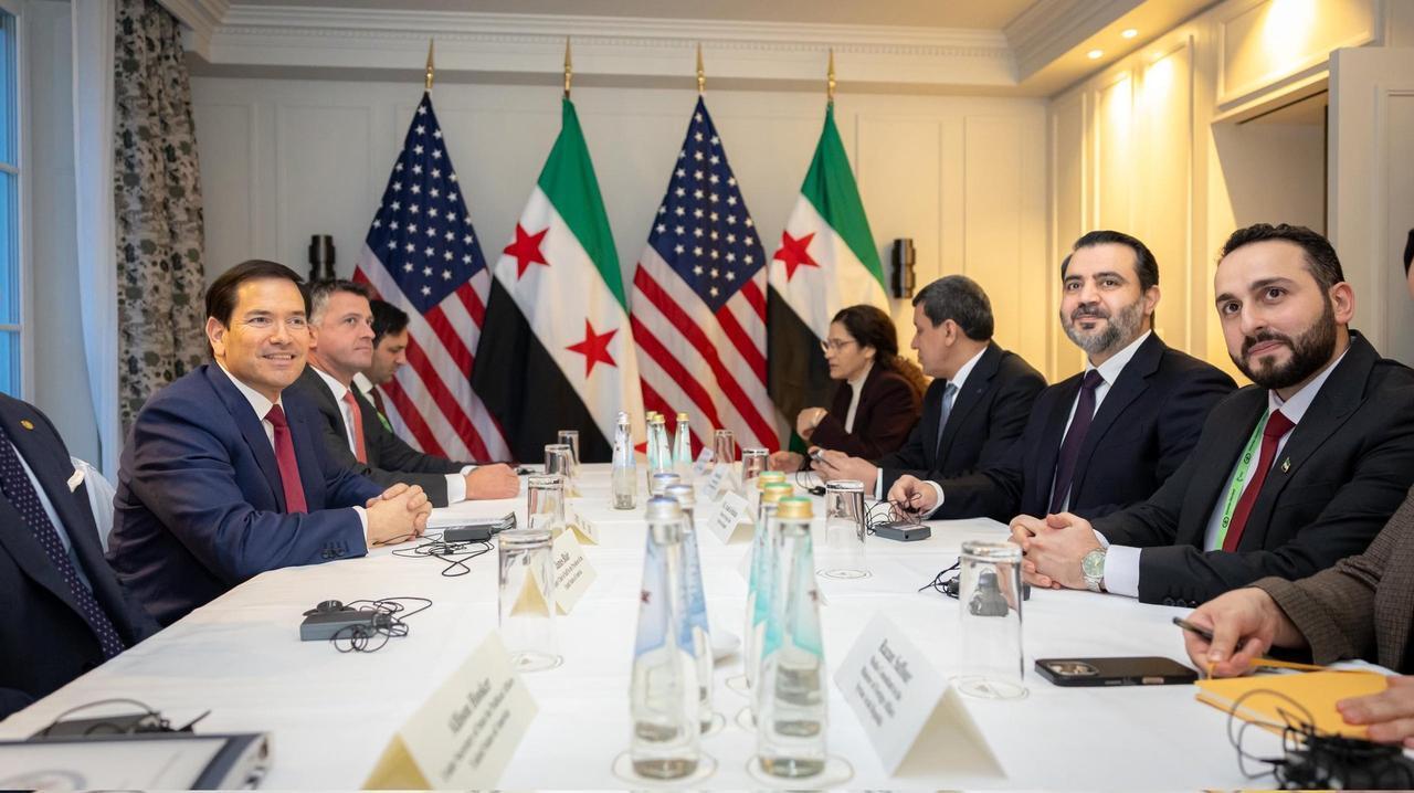 US Secretary of State Marco Rubio (L) with Syrian Foreign Minister Asaad al-Shaibani on the sidelines of the Munich Security Conference in Munich, Feb. 13, 2026. (Photo via X/@syrianmofaex)