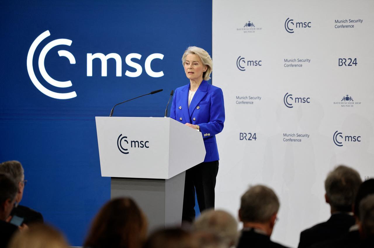 European Commission President Ursula von der Leyen speaks on stage during the 62nd Munich Security Conference (MSC) on February 14, 2026 in Munich, southern Germany. (AFP Photo)