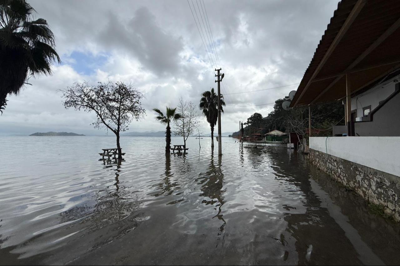Floodwaters cover picnic tables and trees along the shore of Koycegiz Lake in Mugla, southwest Türkiye after heavy rainfall caused the lake to overflow, pushing water into normally dry public areas, Feb. 8, 2026. (AA Photo)