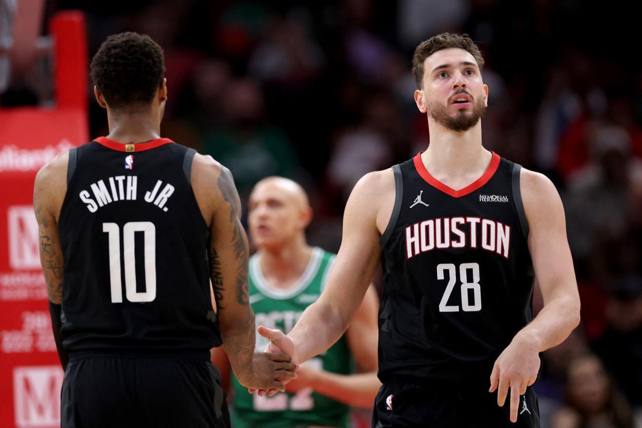 Jabari Smith Jr. #10 of the Houston Rockets congratulates Alperen Sengun #28 in the first half against the Boston Celtics on Feb. 4, 2026 in Houston, Texas, United States. (AFP Photo)