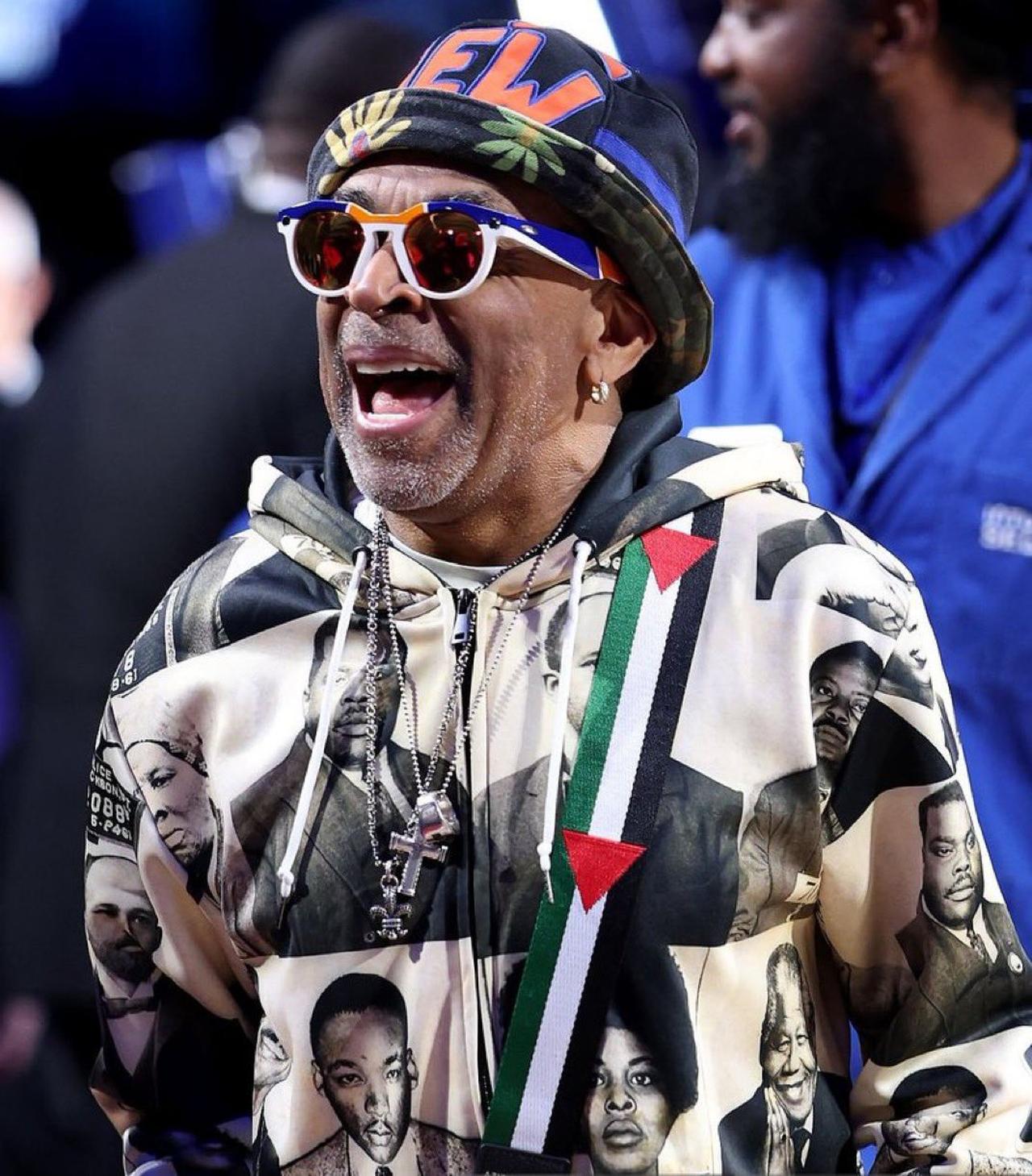 Oscar-winning director Spike Lee reacts courtside during NBA All-Star Saturday in Los Angeles, US, where he appeared wearing accessories featuring Palestinian flag colors. (Photo via X/@OmerOsman200)