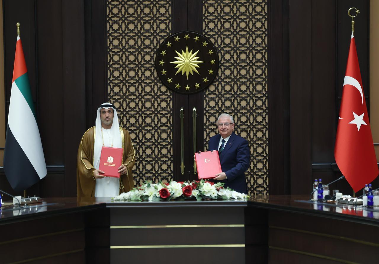 Turkish NAtional Defense Minister Yasar Guler (R) and an official from United Arab Emirates (L) pose for a photo after signing agreements during signing ceremony within the 1st meeting of the High Level Strategic Cooperation Council between Turkiye and the United Arab Emirates (UAE) in Ankara, Türkiye on July 16, 2025. (TUR Presidency/AA Photo)