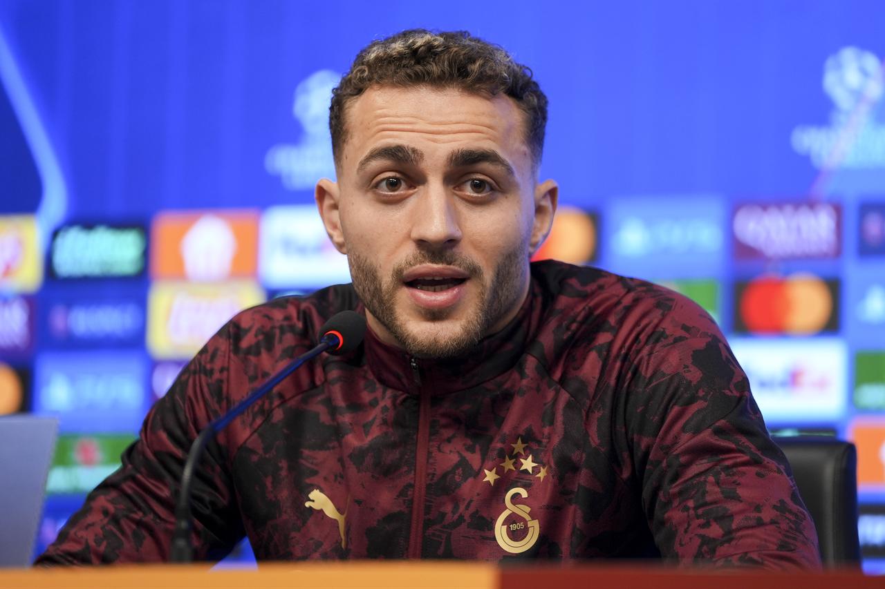 Galatasaray player Baris Alper Yilmaz speaks during the press conference ahead of the first leg of the UEFA Champions League round of 16 play-off match against Juventus at the Kemerburgaz Metin Oktay Training Facilities in Istanbul, Türkiye, Feb. 16, 2026. (AA Photo)