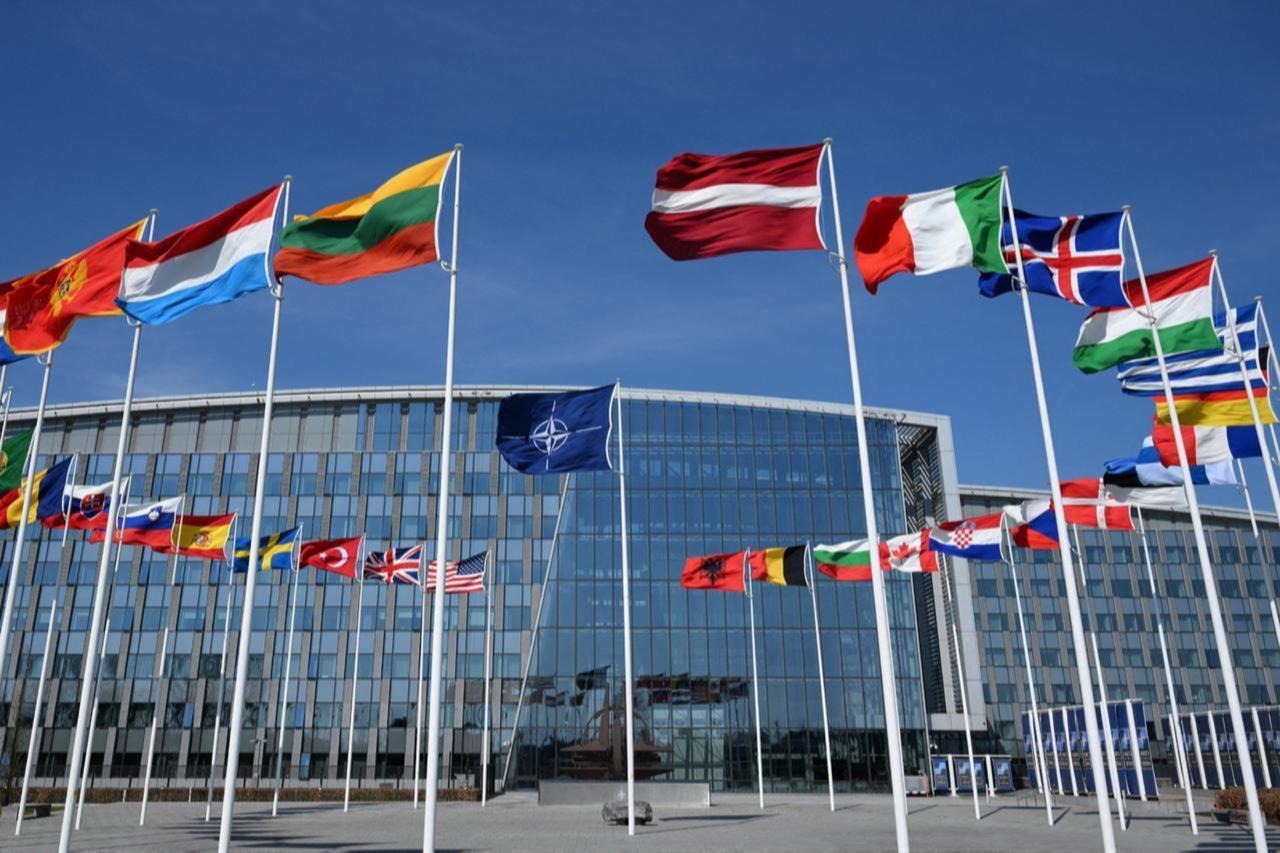 This photograph shows the North-Atlantic Treaty Organisations (NATO) flag and member states flags at the NATO headquarters in Brussels, April 2, 2025. (AFP Photo)