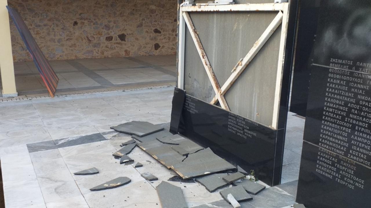 Damage to the marble structure at the Memorial of the 200 at the Kaisariani shooting range following a vandalism incident, Greece, February 15, 2026. (Courtesy of Proto Thema)