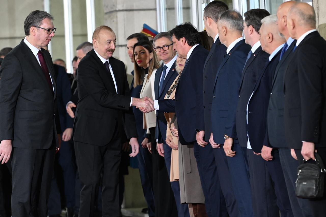 Serbian President Aleksandar Vucic welcomes Azerbaijani President Ilham Aliyev with an official ceremony at the Palace of Serbia in Belgrade, Serbia, on Feb. 15, 2026. (AA Photo)