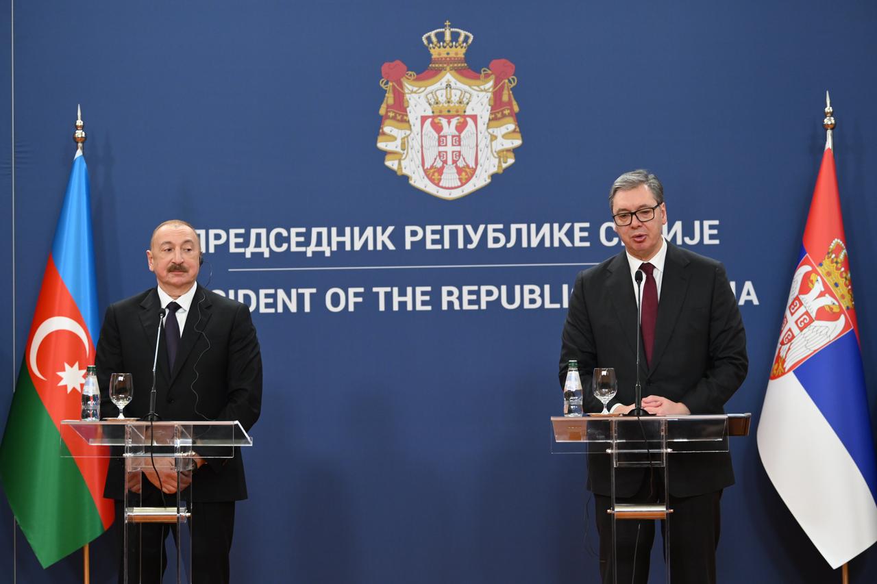 Serbian President Aleksandar Vucic and Azerbaijani President Ilham Aliyev hold a joint press conference followig their meeting at the Palace of Serbia in Belgrade, Serbia, on February 15, 2026. (AA Photo)