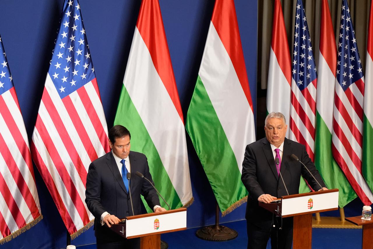 Hungary's Prime Minister Viktor Orban (R) and US Secretary of State Marco Rubio attend a joint press conference following talks during a visit in Budapest, Hungary, on February 16, 2026. (AFP Photo)