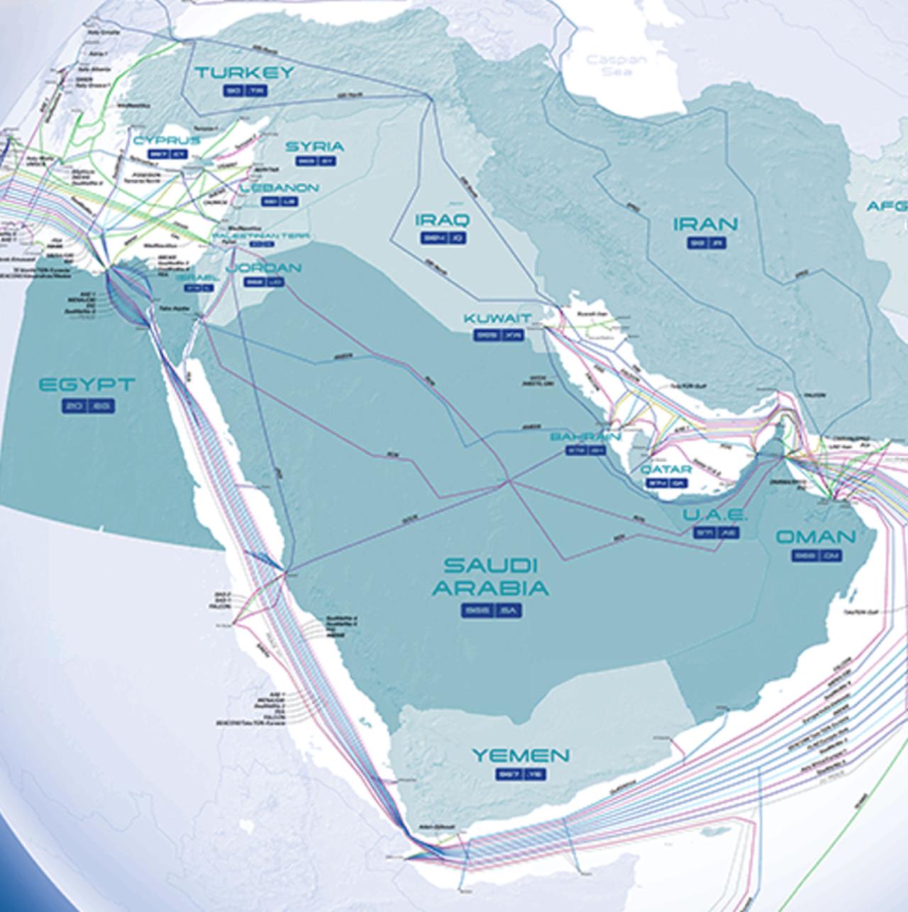 Map shows existing subsea cable routes across the Middle East and the planned corridor linking the UAE to Türkiye via Iraq as part of the WorldLink project. (Image via worldlink.international)