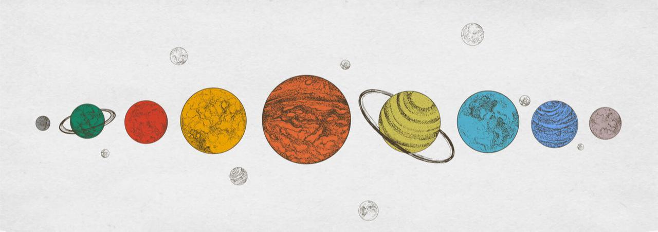 Illustration of the solar system showing all planets in a colorful line on a white background. (Adobe Stock Photo)
