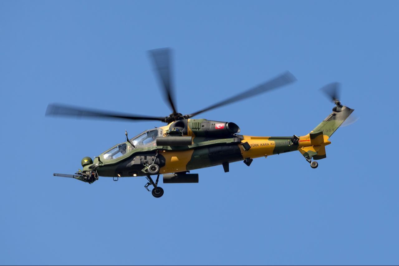 Turkish Armed Forces (TAF) T129 ATAK attack helicopter in Farnborough, UK, on July 16, 2014. (Adobe Stock Photo)