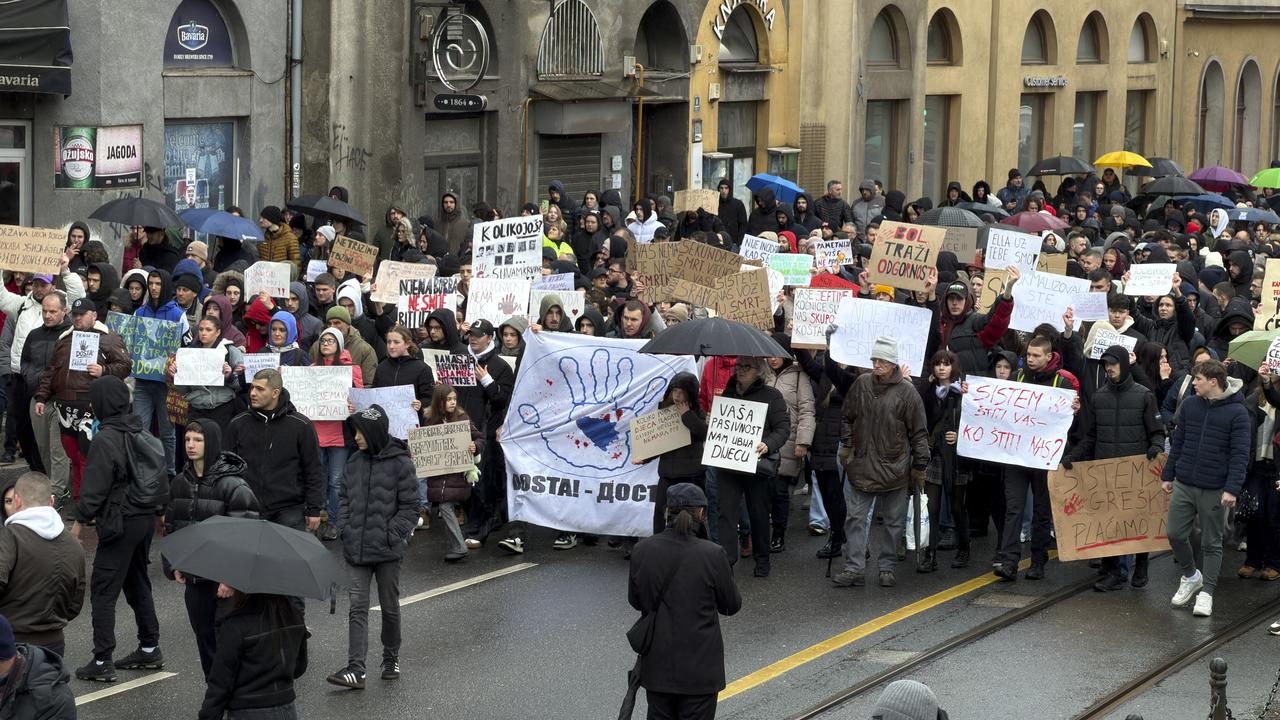 People stage a demonstration following an accident in which a tram derailed and struck people waiting at a stop, killing one person, in Sarajevo, Bosnia and Herzegovina on February 15, 2026. (AA Photo)