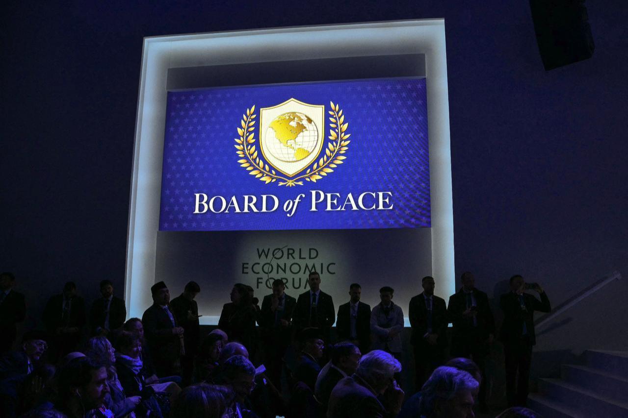 This photograph shows the logo of the "Board of Peace" during the World Economic Forum (WEF) annual meeting in Davos, January 22, 2026. (AFP Photo)