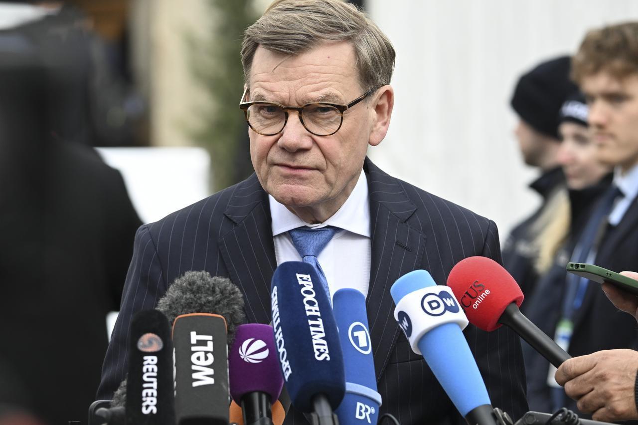 German Foreign Minister Johann Wadephul speaks to press near the Bayerischer Hof Hotel, February 13, in Munich, Germany. (AA Photo)