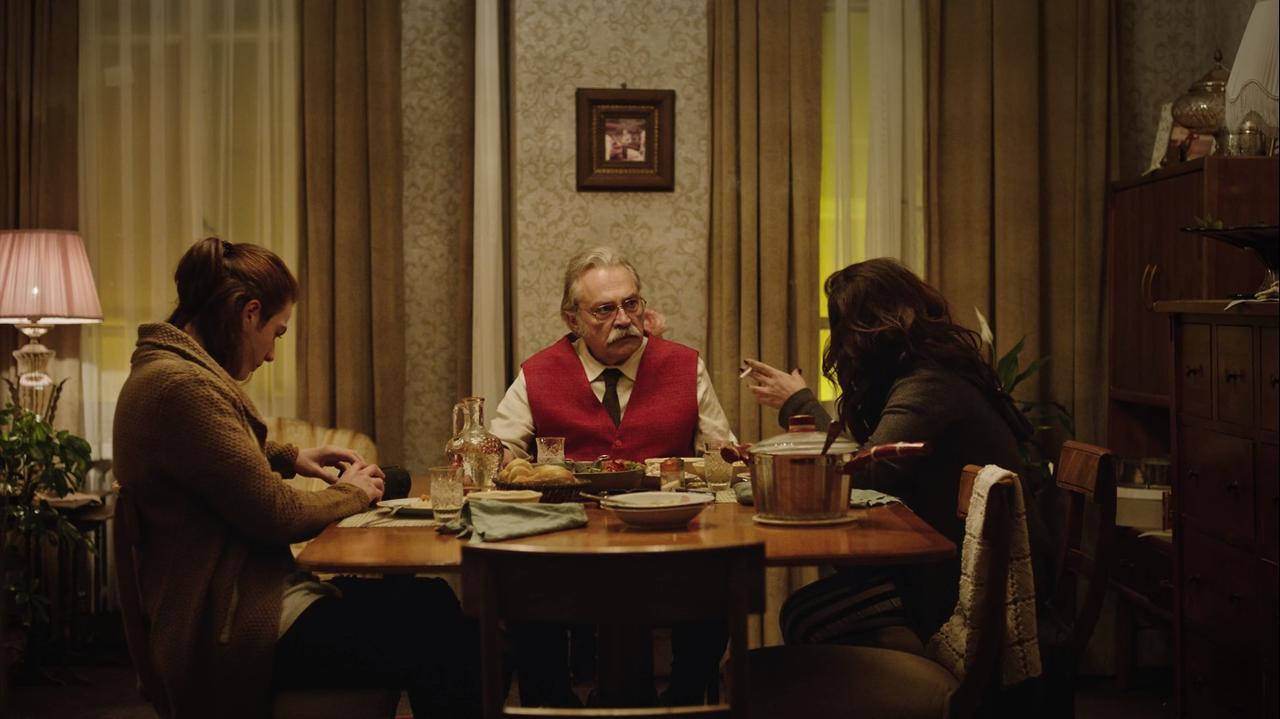 Turkish actors Haluk Bilginer, Sebnem Bozoklu, and Recep Usta in Sahsiyet, 2018. (Photo via IMDb)