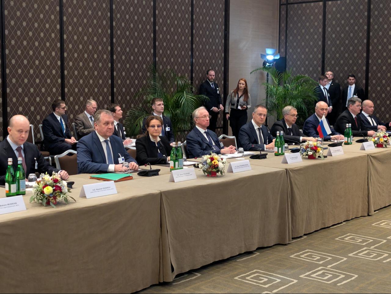 Russian delegation waiting for the start of a meeting on the first day of the third round of trilateral talks between delegates from Russia, Ukraine, and the US in Geneva, Switzerland on February 17, 2026. (NSDC press office/AFP Photo)