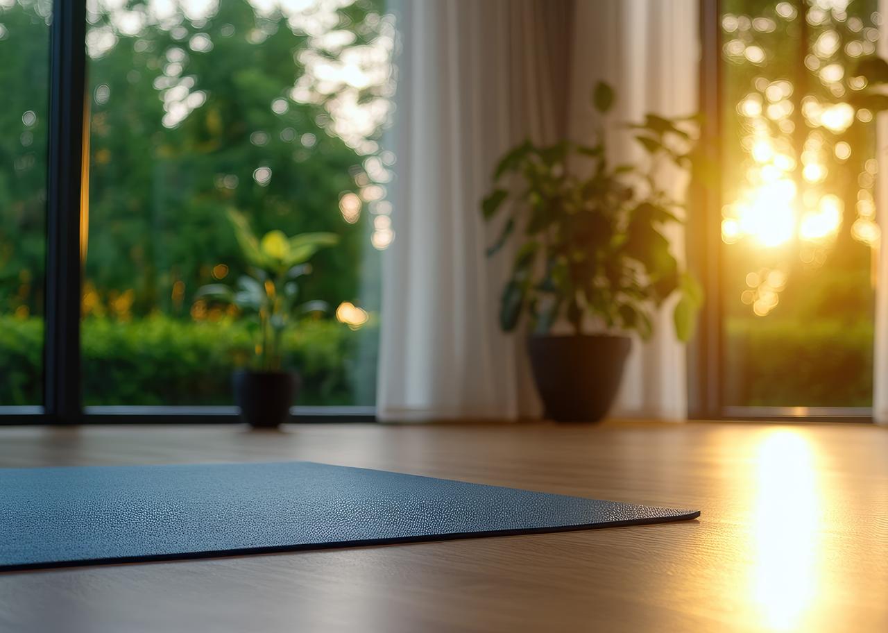 Morning sunlight fills a home exercise space, highlighting the role of daylight and regular physical activity in supporting mental well-being during winter months. (Adobe Stock Photo)