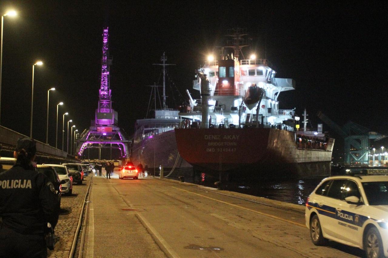 The cargo ship Deniz Akay is seen docked at the Port of Rijeka after colliding with the historic museum ship Galeb during severe storm conditions in Croatia. (Photo via Torpedo Media)