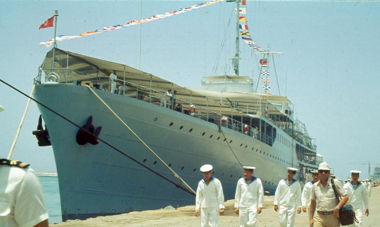 A 1970s photo of Tito's grand yacht "Galeb" at port in Split. (Photo via spomenikdatabase.org)